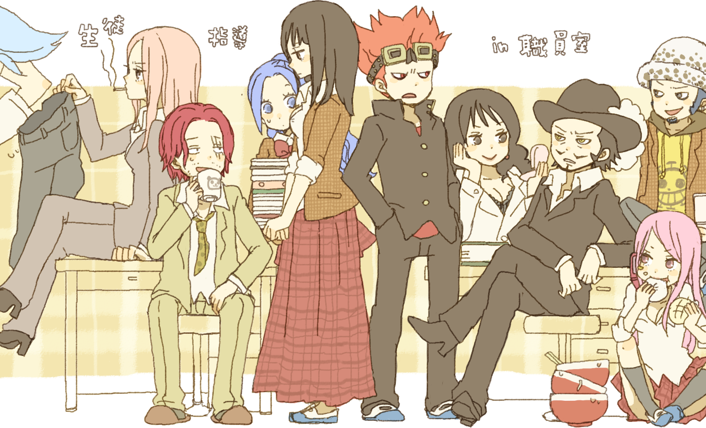 yukke, alvida (one piece), dracule mihawk, eustass kid, franky (one piece), hina (one piece), jewelry bonney, nefertari vivi, nico robin, shanks (one piece), trafalgar law, one piece, translation request, 4girls, 5boys, alternate costume, chibi, long sideburns, long skirt, multiple boys, multiple girls, sideburns, skirt