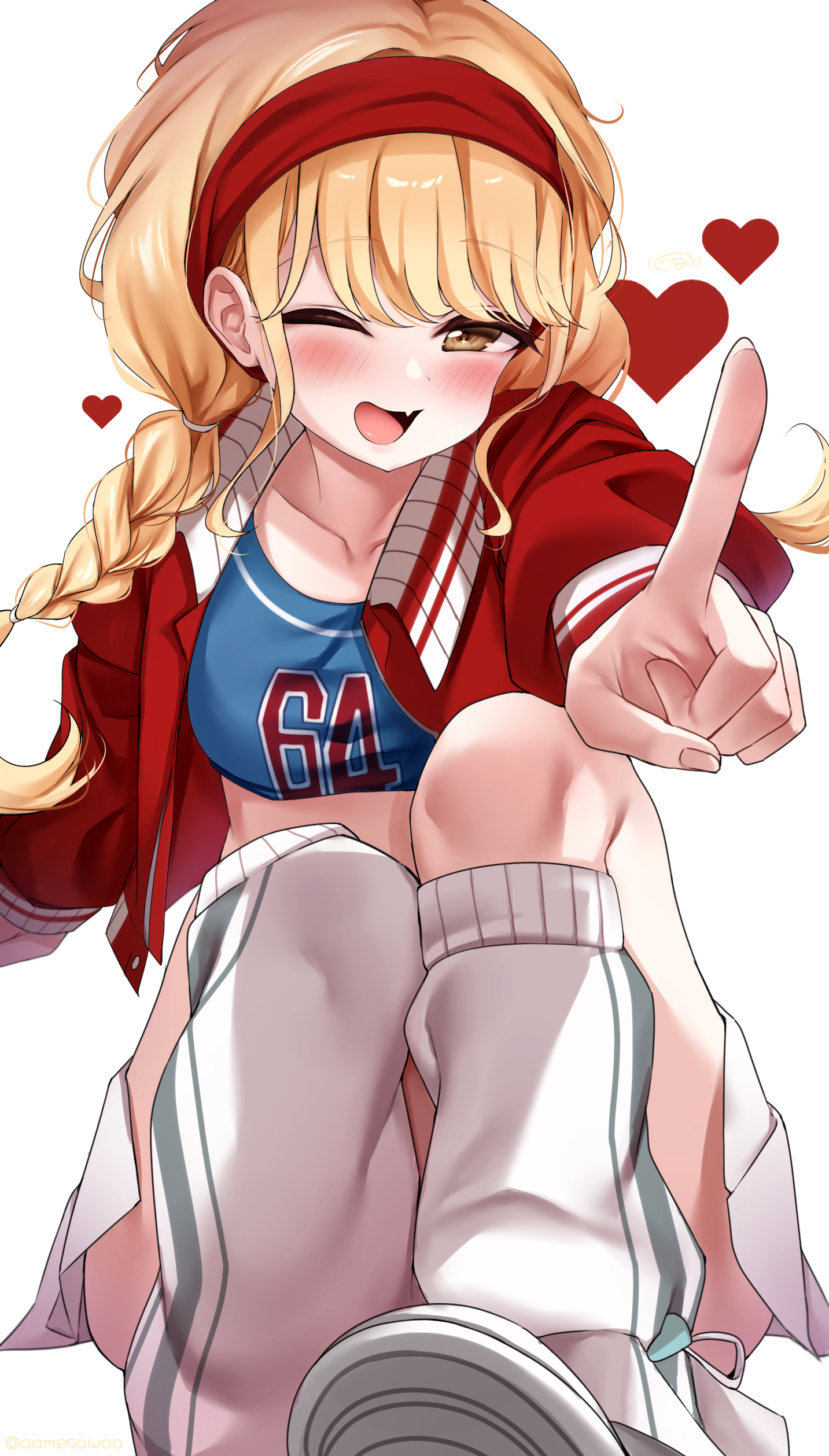 aamesawaa, fujita kotone, gakuen idolmaster, idolmaster, absurdres, commentary request, highres, 1girl, ;d, blonde hair, blue sports bra, blush, braid, collarbone, convenient leg, fang, fingernails, hairband, heart, index finger raised, jacket, knees up, long hair, looking at viewer, loose socks, miniskirt, one eye closed, open clothes, open jacket, open mouth, pointing, pointing at viewer, red hairband, red jacket, sitting, skin fang, skirt, smile, socks, solo, sports bra, twin braids, white skirt, white socks, yellow eyes
