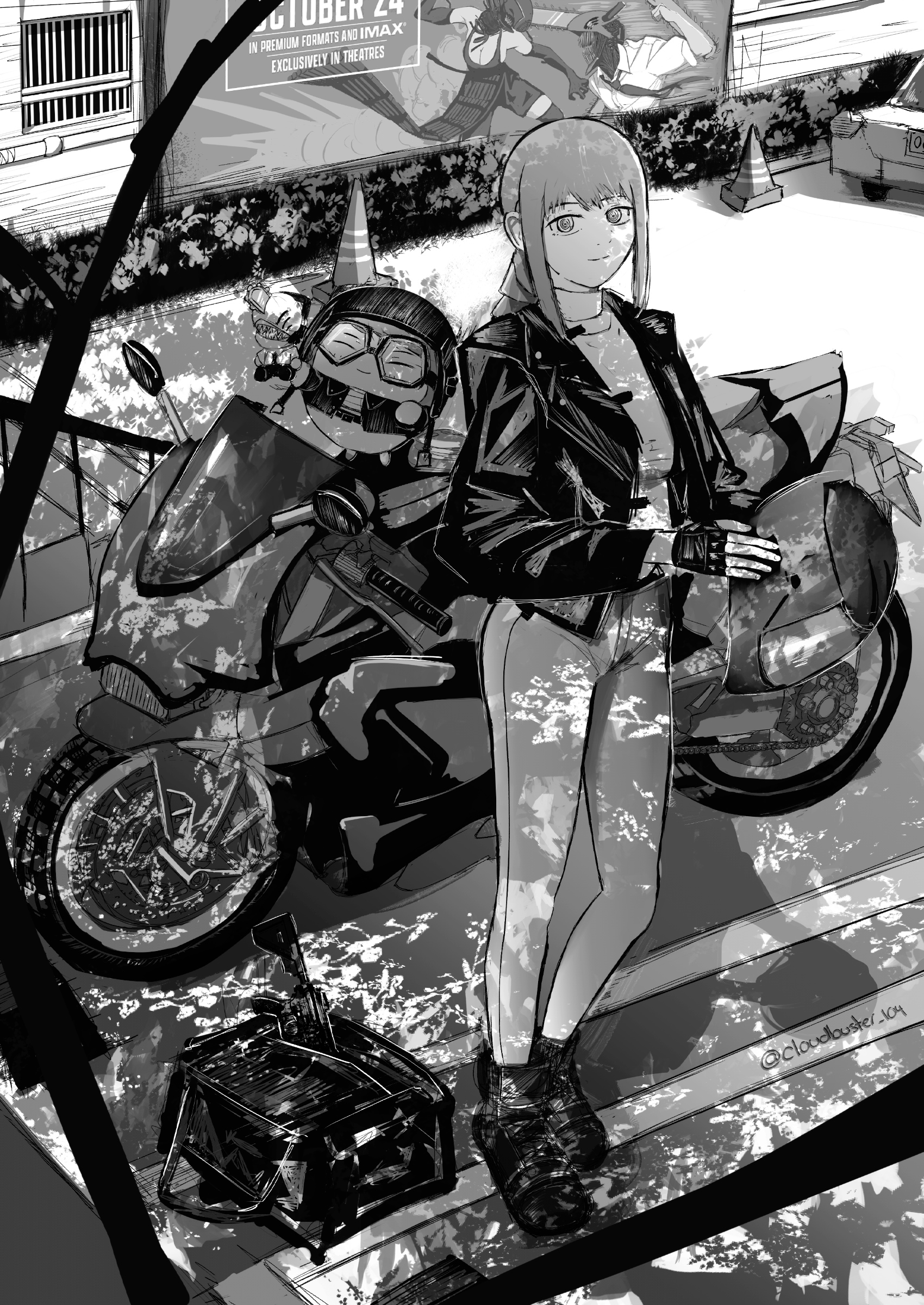 bomb devil (chainsaw man), denji (chainsaw man), makima (chainsaw man), chainsaw man, absurdres, highres, 1girl, car, character doll, closed mouth, cloudbuster 104, dappled sunlight, doll, helmet, holding, holding unworn helmet, jacket, long hair, motor vehicle, motorcycle, motorcycle helmet, outdoors, pants, poster (object), sidelocks, solo, standing, sunlight, traffic cone, unworn headwear, unworn helmet