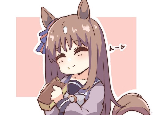 kawamochi (kawauti919), grass wonder (umamusume), umamusume, food request, translation request, 1girl, ^ ^, animal ears, border, bow, brown hair, closed eyes, closed mouth, ear bow, food, food on face, hands up, holding, holding food, horse ears, horse girl, horse tail, long sleeves, multicolored hair, outline, pink background, puffy long sleeves, puffy sleeves, purple shirt, school uniform, shirt, solo, striped bow, tail, tracen school uniform, two-tone hair, upper body, white border, white bow, white hair, white outline