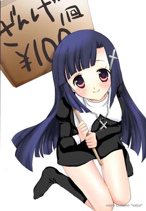 saiya, zange, kannagi, 00s, 1girl, blue hair, blush, female focus, holding, holding sign, kneeling, long hair, sign, smile, socks, solo