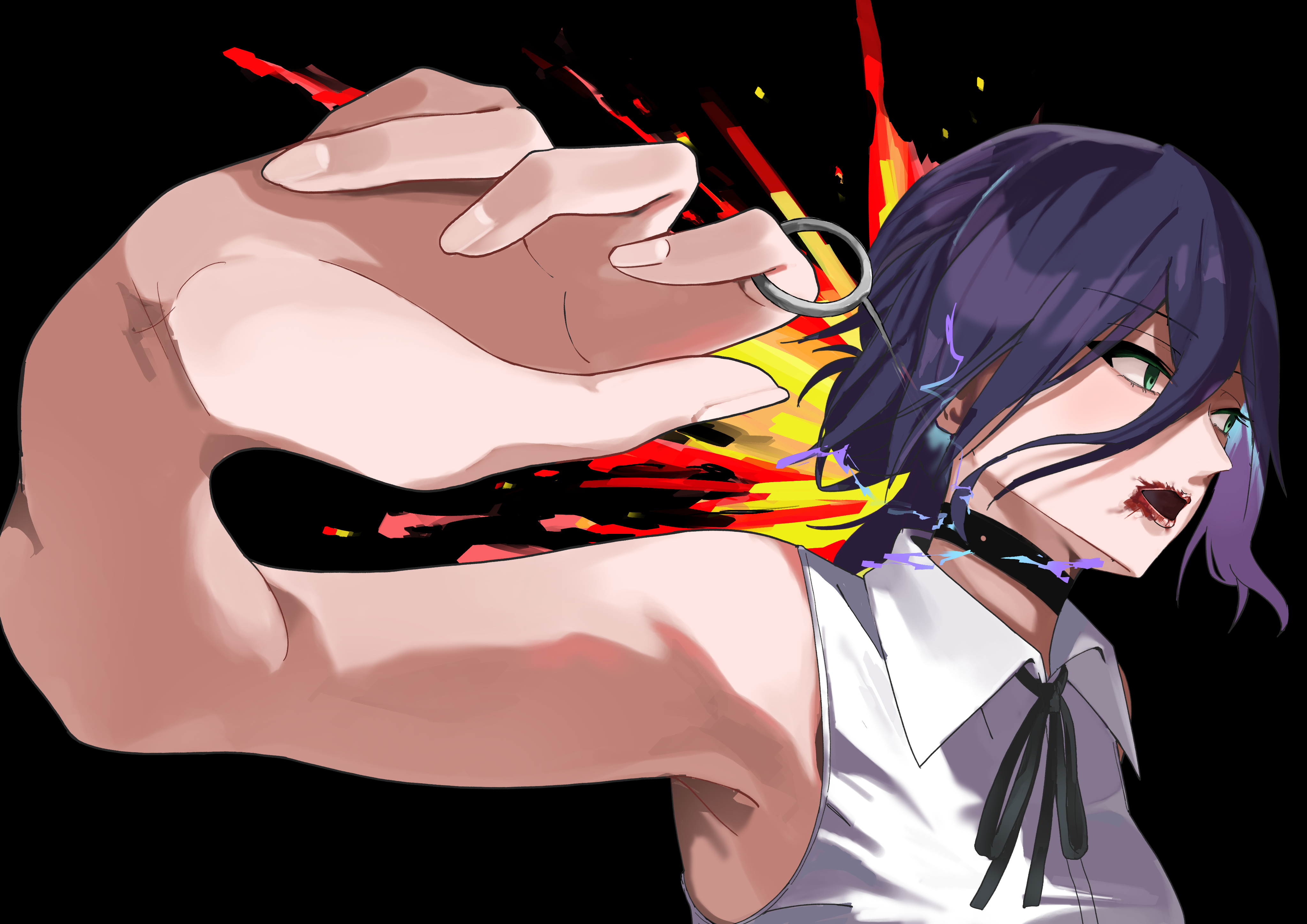 ontama (ontama link1235), reze (chainsaw man), chainsaw man, absurdres, highres, 1girl, armpits, black choker, black ribbon, blood, blood on face, choker, collared shirt, grenade pin, hair between eyes, neck ribbon, purple hair, ribbon, shirt, sleeveless, sleeveless shirt, solo, white shirt