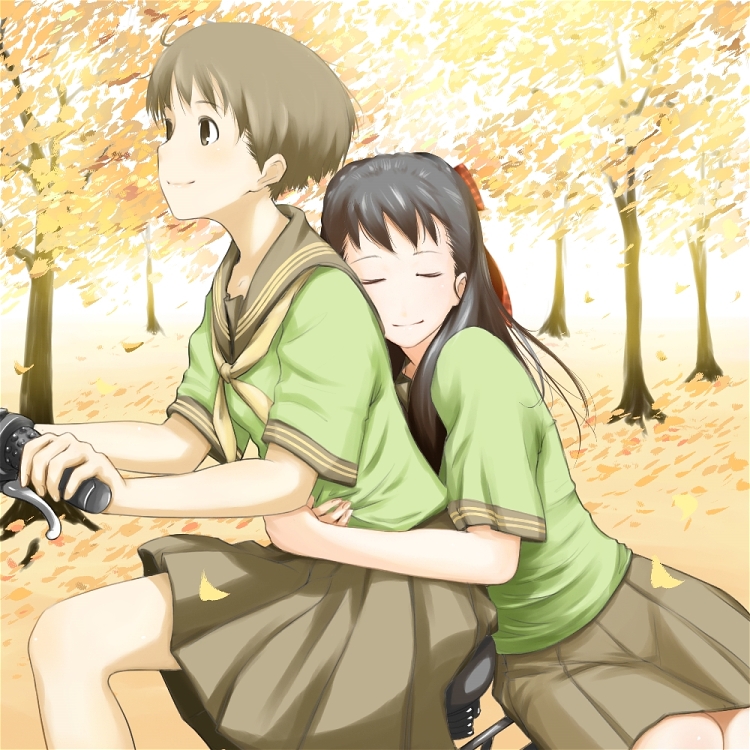 nanahime, original, character request, 2girls, bicycle, black hair, blush, brown hair, closed eyes, hug, leaf, long hair, multiple girls, multiple riders, school uniform, short hair, sidesaddle, skirt, smile, tree