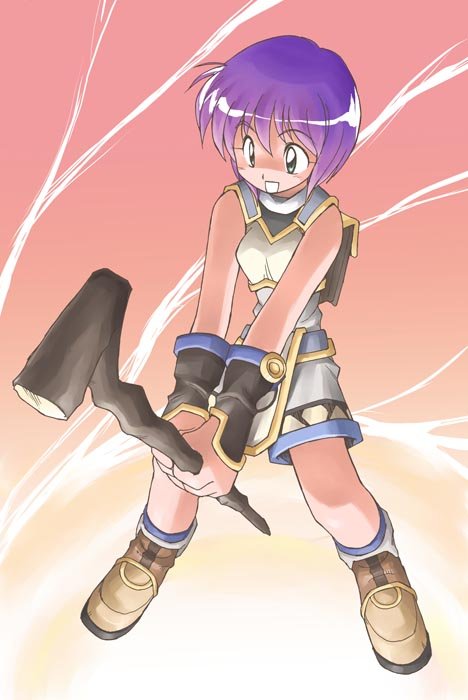 masuki, super novice (ragnarok online), ragnarok online, commentary request, photoshop (medium), 1girl, :d, ankle boots, arm warmers, backpack, bag, bare shoulders, belt, blue hair, blush, boots, cane, full body, green eyes, holding, holding cane, open mouth, own hands together, purple hair, short hair, shorts, sleeveless, smile, solo, standing, v arms, vest