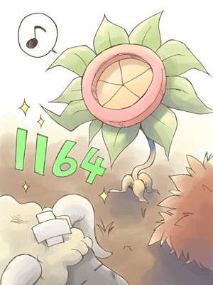 masuki, geographer (ragnarok online), ragnarok online, commentary request, lowres, bush, crossed bandaids, damage numbers, eighth note, flower, flower focus, goat, goat (ragnarok online), green flower, musical note, no humans, sparkle
