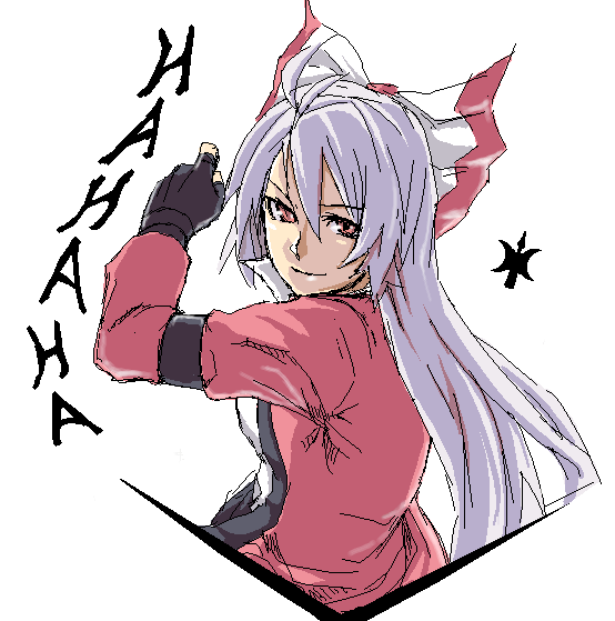 houtengeki, fujiwara no mokou, rugal bernstein, the king of fighters, touhou, 1girl, ahoge, alternate costume, cosplay, female focus, fingerless gloves, gloves, long hair, oekaki, red eyes, rugal bernstein (cosplay), smile, solo