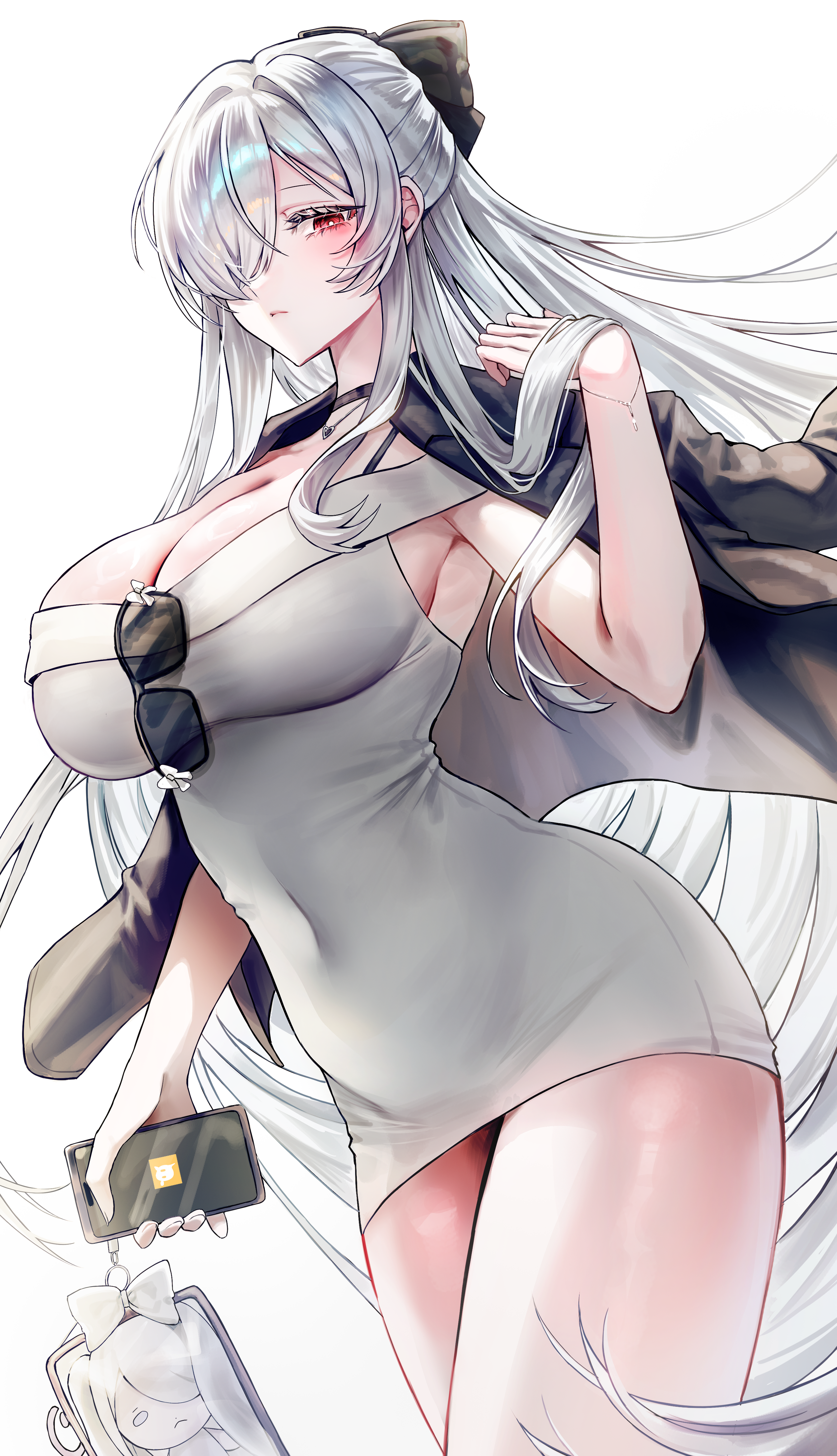 someang, cinderella (beautiful me) (nikke), cinderella (nikke), goddess of victory: nikke, absurdres, commentary, highres, 1girl, black bow, black choker, black jacket, bow, breasts, cellphone charm, character charm, charm (object), choker, cleavage, closed mouth, collarbone, covered navel, cowboy shot, dongtan dress, dress, eyewear hang, grey dress, hair between eyes, hair bow, hair over one eye, heart, heart necklace, holding, holding phone, jacket, jacket on shoulders, jewelry, large breasts, long hair, looking at viewer, necklace, official alternate costume, phone, red eyes, sidelocks, simple background, sleeveless, sleeveless dress, solo, standing, unworn eyewear, very long hair, white background, white hair