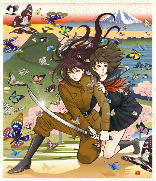 nadeshiko rin, new painting of butterflies and beautiful women at fuji, 2girls, boots, border, bug, butterfly, cherry blossoms, day, fine art parody, full body, insect, katana, kneeling, long hair, military, military uniform, mount fuji, mountain, multiple girls, nature, nihonga, on one knee, outdoors, parody, scenery, school uniform, serafuku, sword, ukiyo-e, weapon