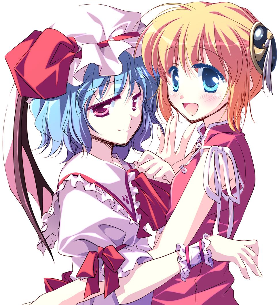 motomiya mitsuki, kagura (gintama), remilia scarlet, gintama, touhou, bad id, bad pixiv id, 00s, 2girls, blonde hair, blue eyes, blue hair, blush, bonnet, crossover, frills, hair ornament, hug, multiple girls, purple eyes, short hair, sleeveless, smile