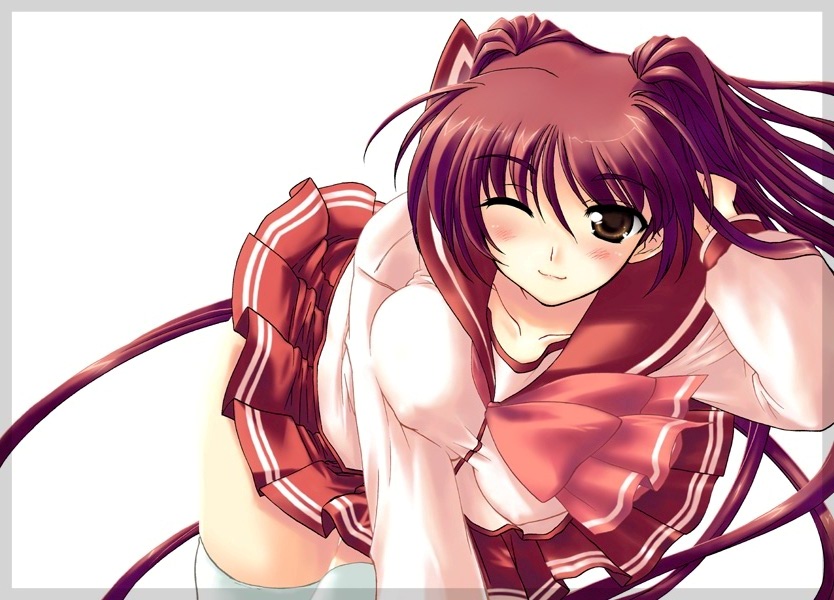 kazumi yoshiyuki, kousaka tamaki, to heart (series), to heart 2, 00s, long hair, one eye closed, outside border, red hair, school uniform, serafuku, solo, thighhighs, wink