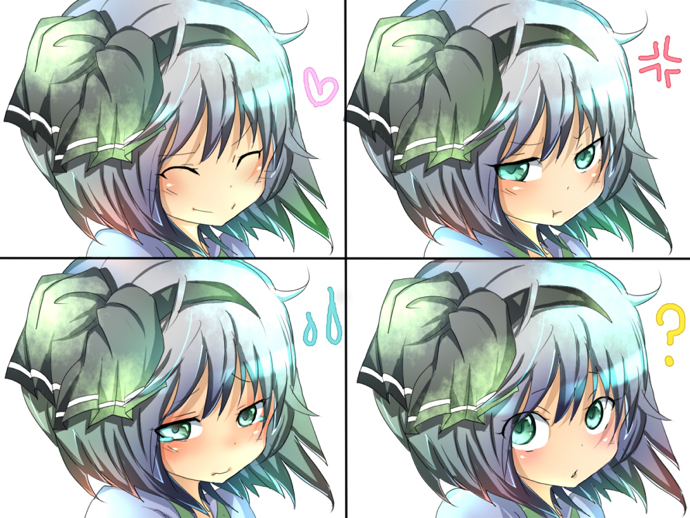 fuabio, konpaku youmu, touhou, bad id, bad pixiv id, 1girl, ?, chart, female focus, multiple expressions, pout, solo, tears, white background