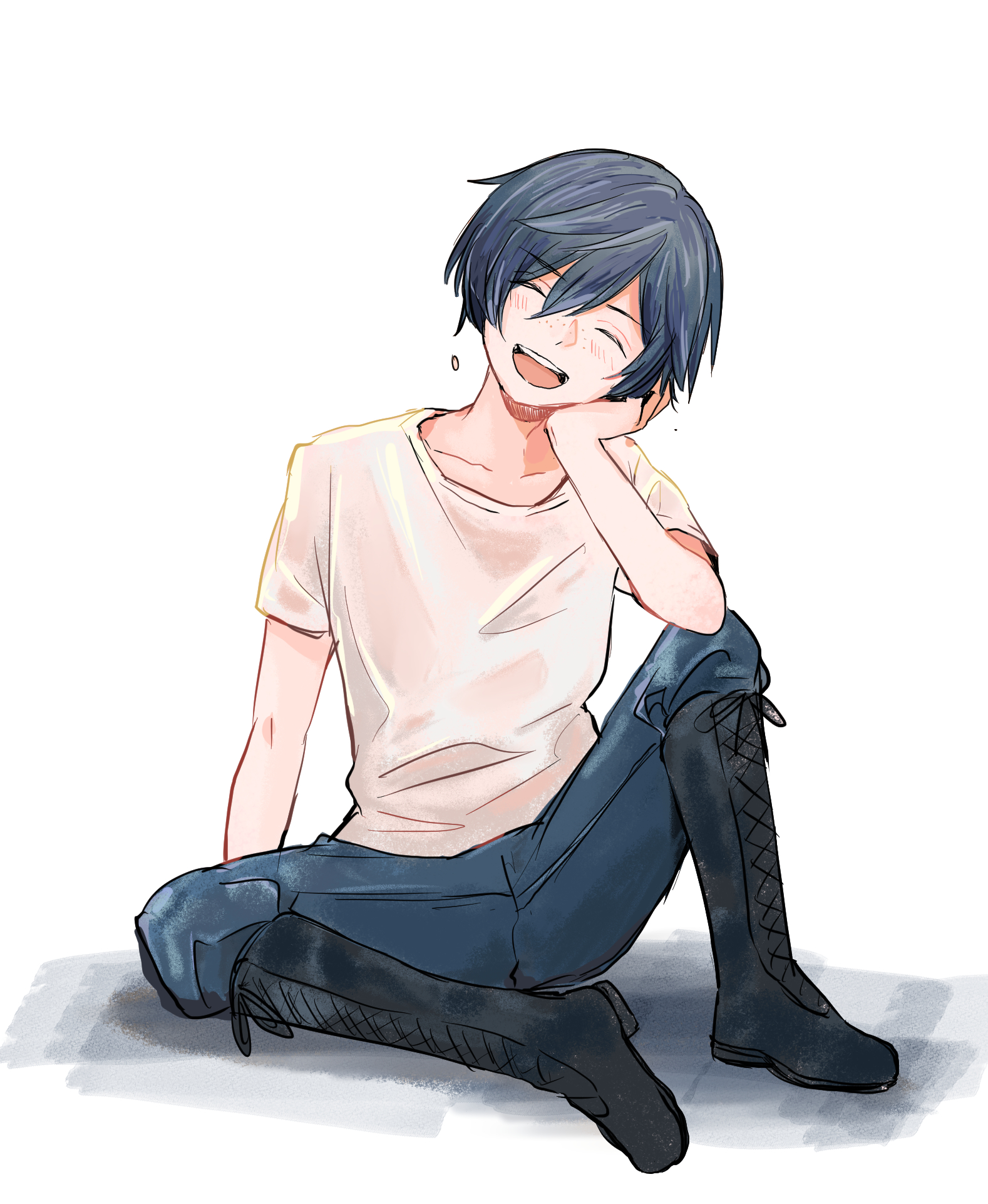 irohauta, kuji toi, sarazanmai, highres, 1boy, black boots, blue pants, boots, closed eyes, denim, facing viewer, freckles, full body, happy, knee up, male focus, open mouth, pants, shirt, short hair, simple background, sitting, solo, white background, white shirt