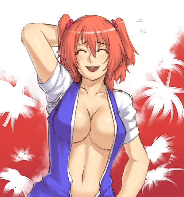 houtengeki, onozuka komachi, touhou, 1girl, ^ ^, arm behind head, breasts, cleavage, closed eyes, female focus, large breasts, navel, no bra, open clothes, open shirt, red hair, shirt, short hair, sketch, smile, solo