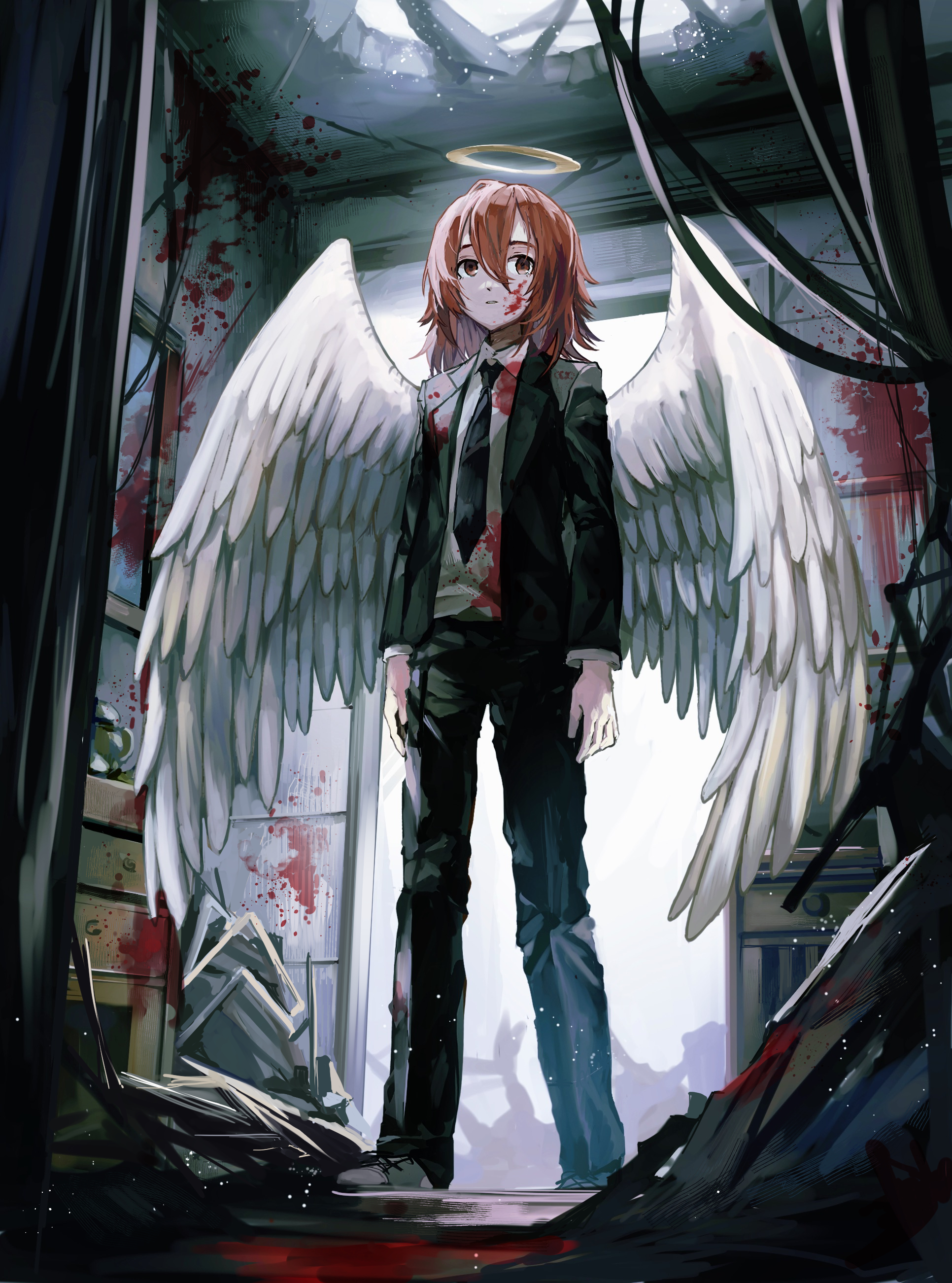 tabbynyaaan, angel devil (chainsaw man), chainsaw man, absurdres, highres, 1boy, angel, angel wings, black jacket, black necktie, black suit, blood, blood on clothes, blood on face, blood on wall, destruction, feathered wings, formal clothes, hair between eyes, halo, indoors, jacket, long hair, male focus, necktie, pant suit, pants, red eyes, red hair, solo, standing, suit, suit jacket, white wings, wings, yellow halo