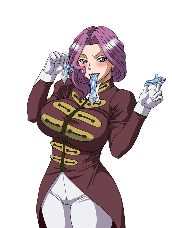 hiraizumi kou, cornelia li britannia, code geass, 00s, 1girl, blue eyes, condom, condom in mouth, female focus, gloves, lipstick, makeup, mouth hold, purple hair, simple background, solo, used condom, white background