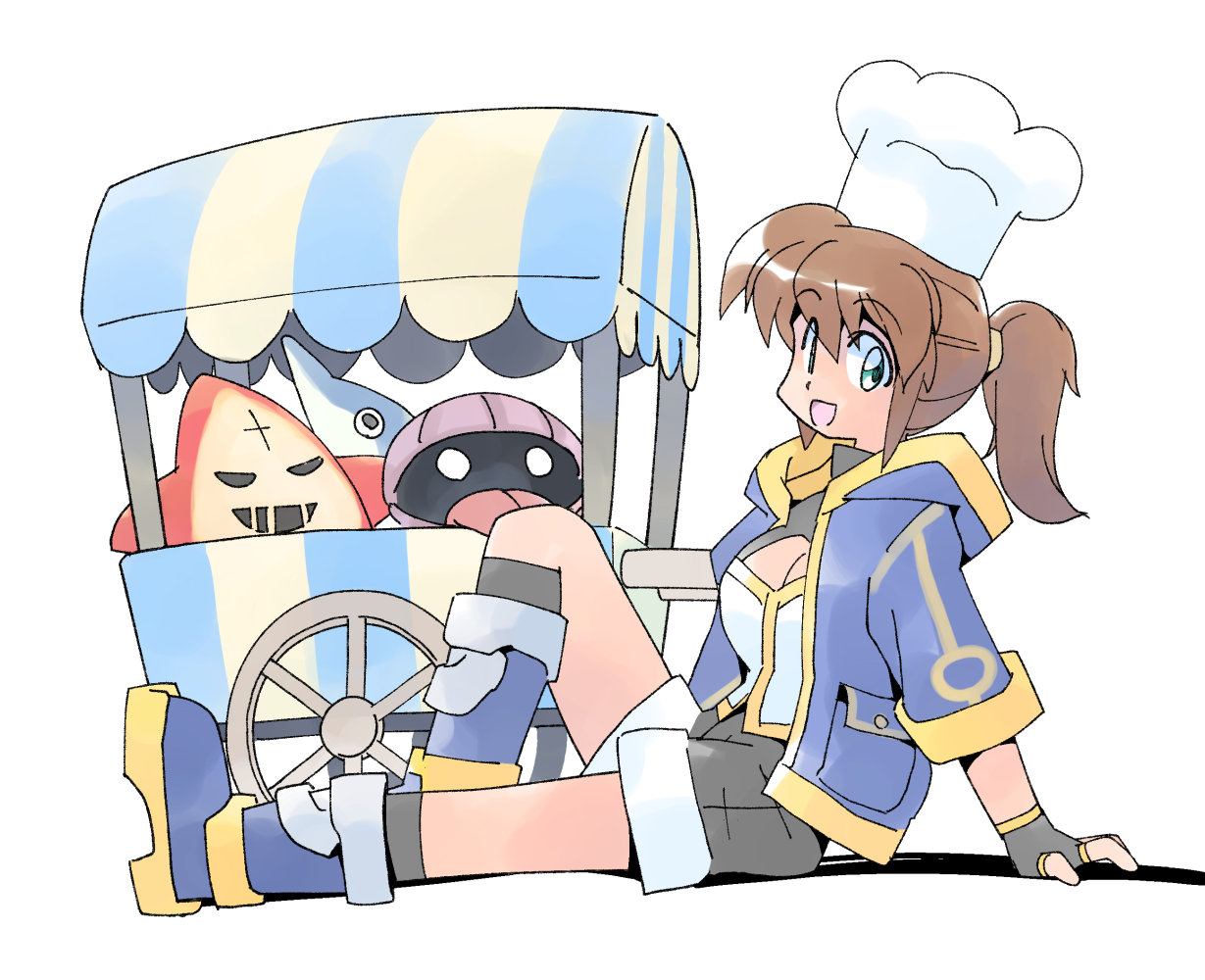 masuki, phen (ragnarok online), shellfish (ragnarok online), ragnarok online, commentary request, 1girl, :d, blue boots, blue jacket, boots, breasts, brown hair, chef hat, clam, cleavage, cleavage cutout, clothing cutout, fingerless gloves, fish, full body, gloves, gold trim, green eyes, grey gloves, grey shirt, grey shorts, hat, jacket, looking at viewer, medium breasts, medium hair, meister (ragnarok online), open clothes, open jacket, open mouth, ponytail, pullcart, red eruma, shirt, short shorts, shorts, simple background, sitting, smile, solo, starfish, two-tone shirt, white background, white shirt