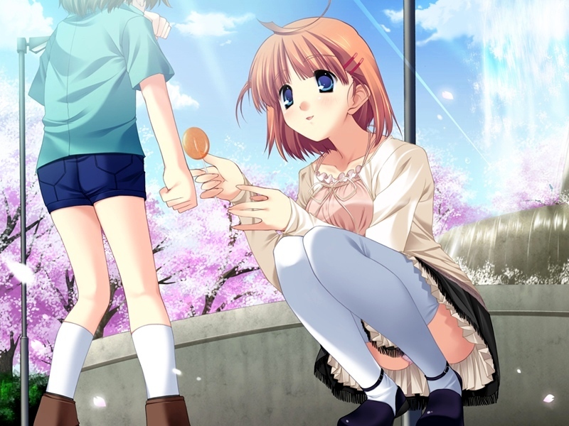 yaegashi nan, tsukishima koko, da capo, da capo ii, 00s, 1girl, blue eyes, candy, cherry blossoms, food, fountain, lollipop, panties, pantyshot, park, petticoat, red hair, skirt, solo focus, squatting, thighhighs, underwear, upskirt