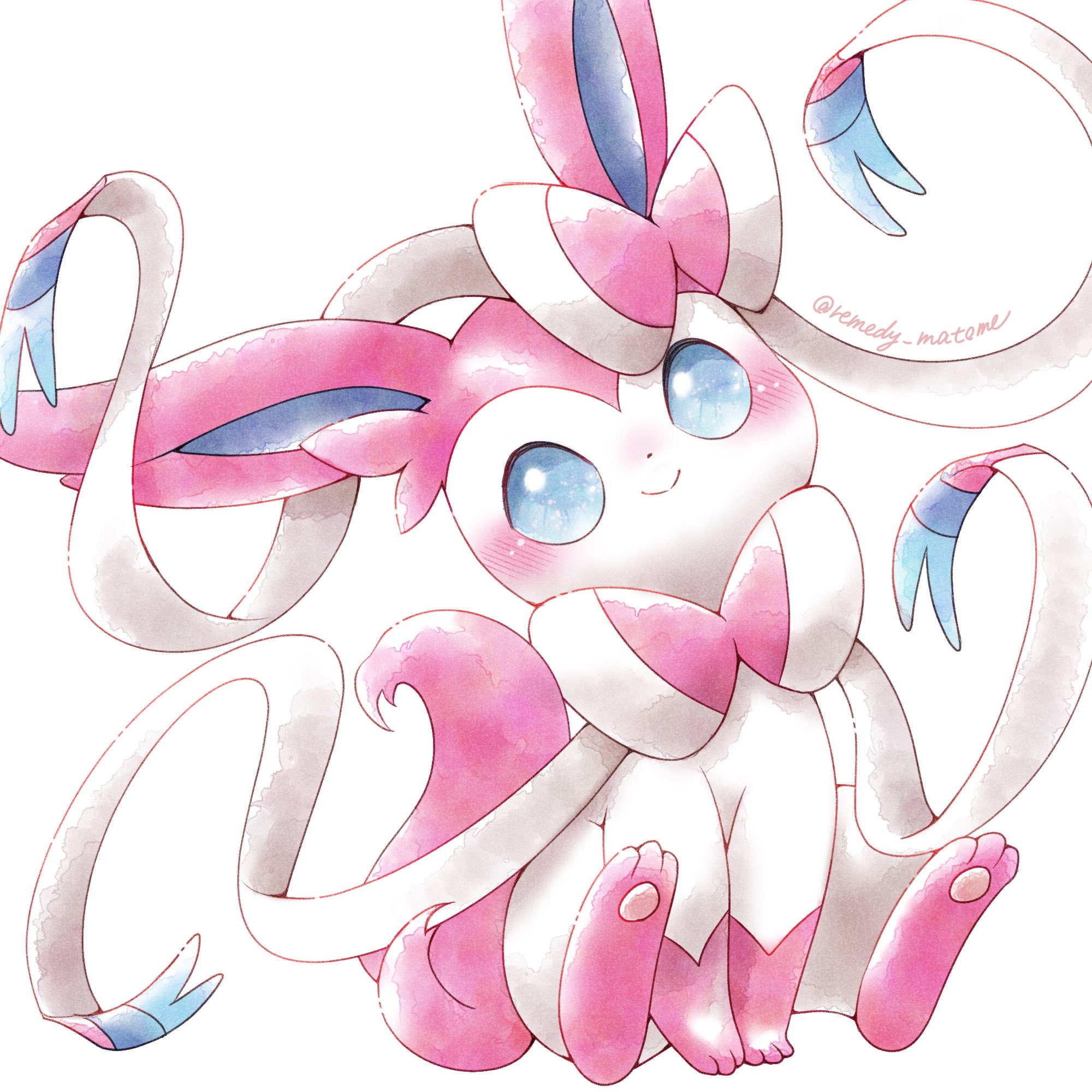 remedy matome, sylveon, nintendo, pokemon, highres, :>, animal focus, animal hands, blue eyes, blush, bow, closed mouth, full body, gen 6 pokemon, looking at viewer, no humans, pawpads, pink fur, pokemon (creature), pokemon focus, ribbon, simple background, sitting, smile, solo, two-tone fur, white background, white fur