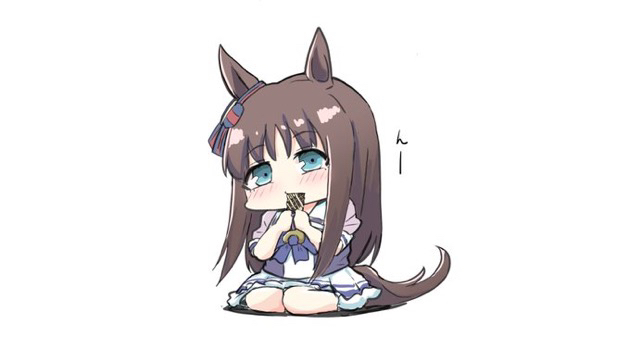 kawamochi (kawauti919), grass wonder (umamusume), umamusume, translation request, 1girl, animal ears, blue bow, bow, brown hair, chibi, ear bow, full body, holding, horse ears, horse girl, horse tail, long hair, pleated skirt, puffy short sleeves, puffy sleeves, purple shirt, school uniform, shirt, short sleeves, simple background, sitting, skirt, solo, striped bow, tail, tracen school uniform, very long hair, wariza, white background, white skirt