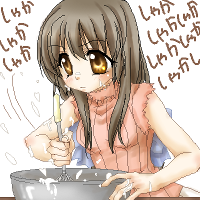 ibuki fuuko, clannad, lowres, 00s, blonde hair, brown eyes, cooking, oekaki, solo