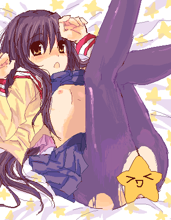 wemu (ivycrown), ibuki fuuko, clannad, lowres, 00s, 1girl, blush, brown eyes, censored, convenient censoring, female focus, novelty censor, oekaki, pantyhose, solo, starfish, torn clothes, torn pantyhose