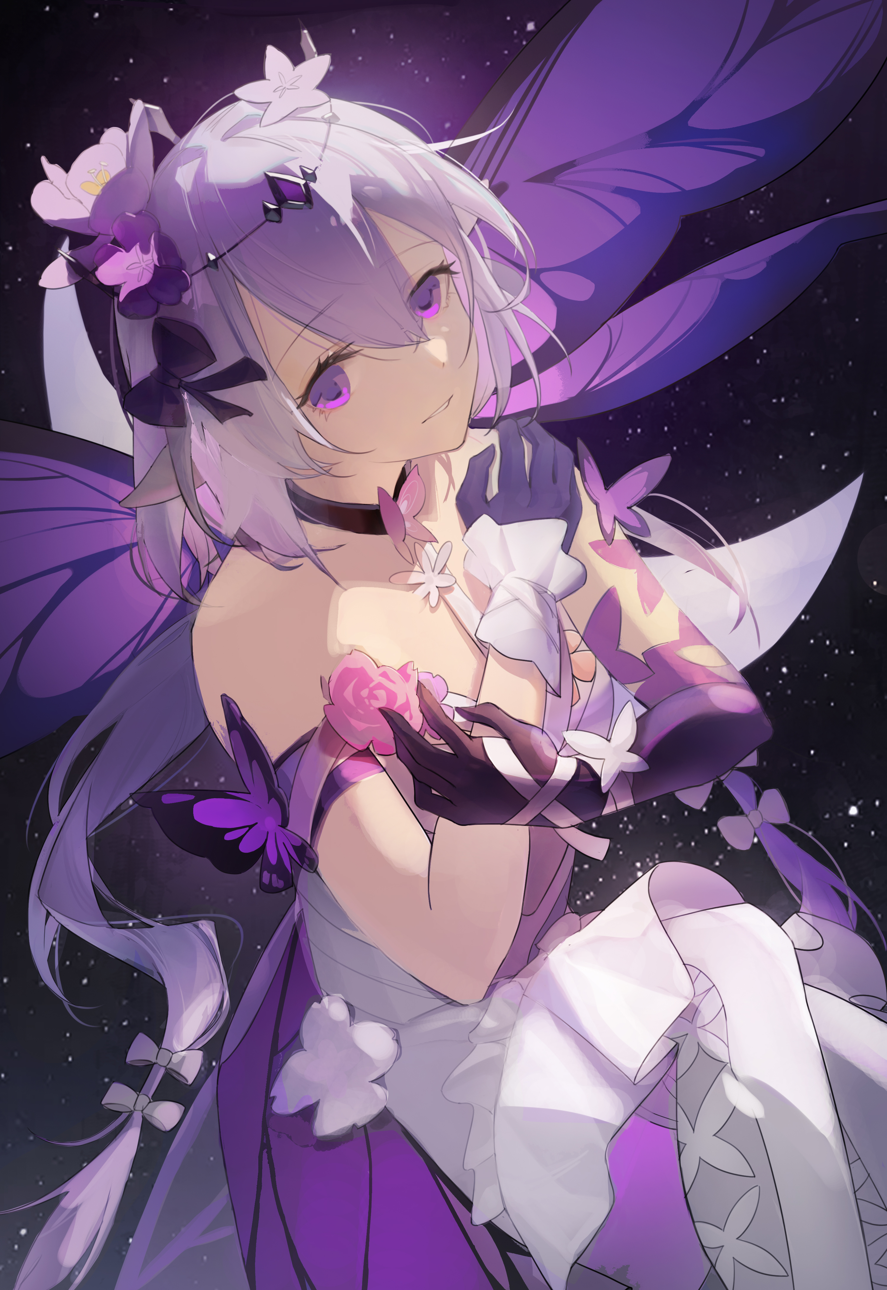 yeva, castorice (honkai: star rail), honkai: star rail, honkai (series), absurdres, commentary request, highres, revision, 1girl, asymmetrical gloves, black crown, black tiara, bug, butterfly, butterfly ornament, crown, elbow gloves, flower, flower ornament, gloves, hair flower, hair ornament, insect, pointy ears, purple butterfly, purple flower, purple gloves, purple hair, solo, tiara, uneven gloves