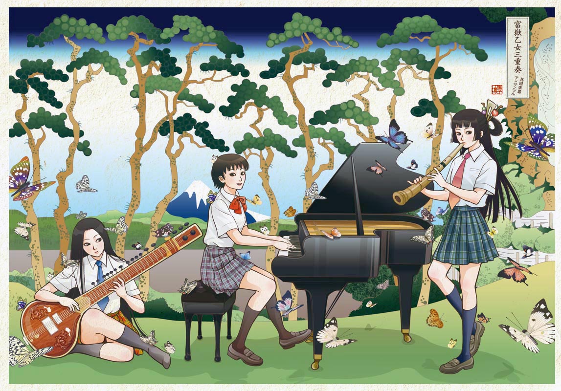 nadeshiko rin, tokaido hodogaya, photoshop (medium), translated, 3girls, baby grand, bug, butterfly, fine art parody, flute, grand piano, hair ornament, insect, instrument, mount fuji, mountain, multiple girls, necktie, nihonga, parody, piano, piano bench, plaid clothes, plaid skirt, school uniform, serafuku, shakuhachi, sitar, skirt, tree, ukiyo-e