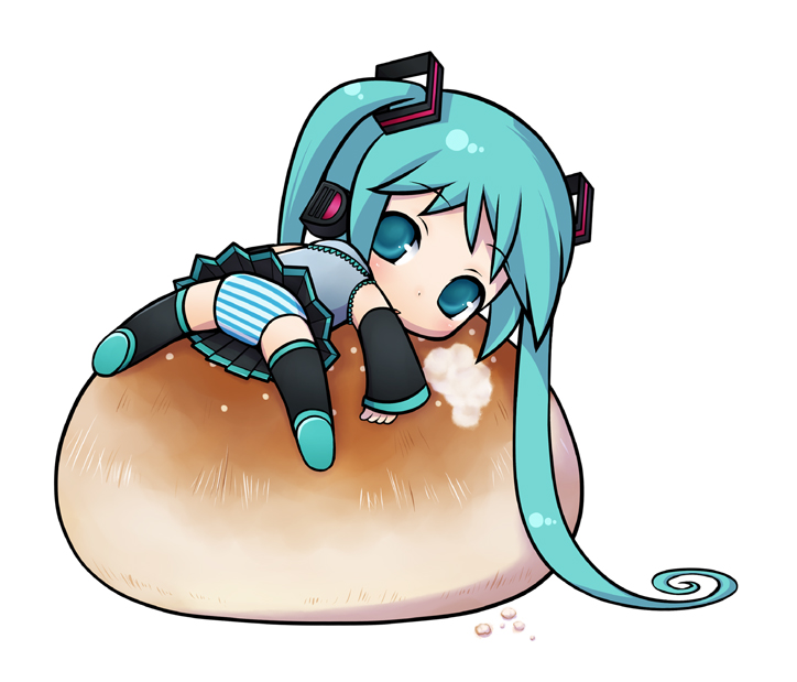chitose kiiro, hatsune miku, vocaloid, bad id, bad pixiv id, 1girl, aqua eyes, aqua hair, bread, chibi, detached sleeves, eating, female focus, food, hair bun, long hair, panties, sigh, skirt, solo, steamed bun, striped clothes, striped panties, thighhighs, twintails, underwear, upskirt, very long hair