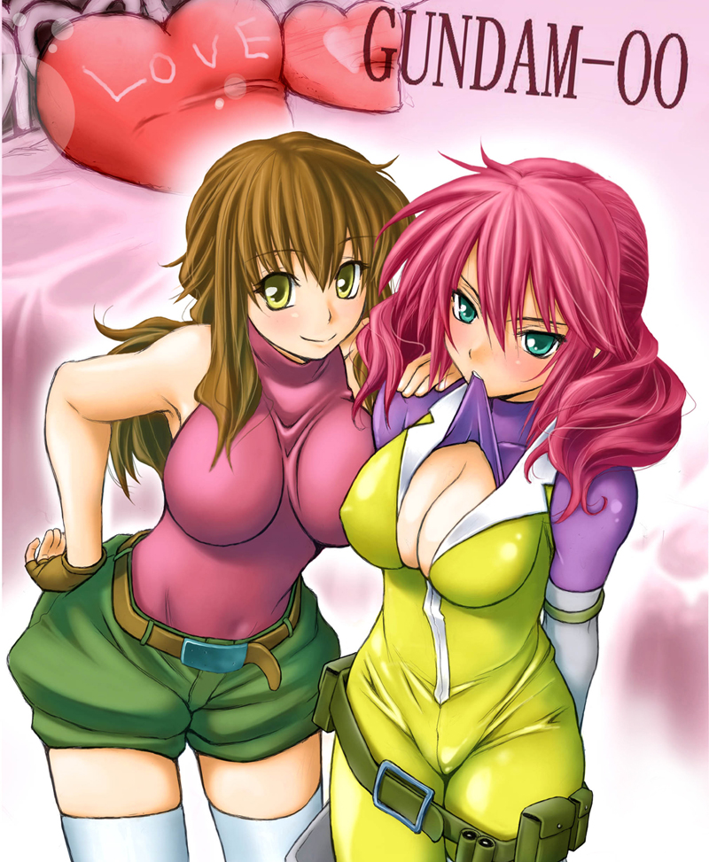 tomihiko, christina sierra, feldt grace, gundam, gundam 00, 00s, 2girls, belt, bodysuit, breasts, brown hair, cleavage, multiple girls, pink hair, skin tight, thighhighs, utility belt