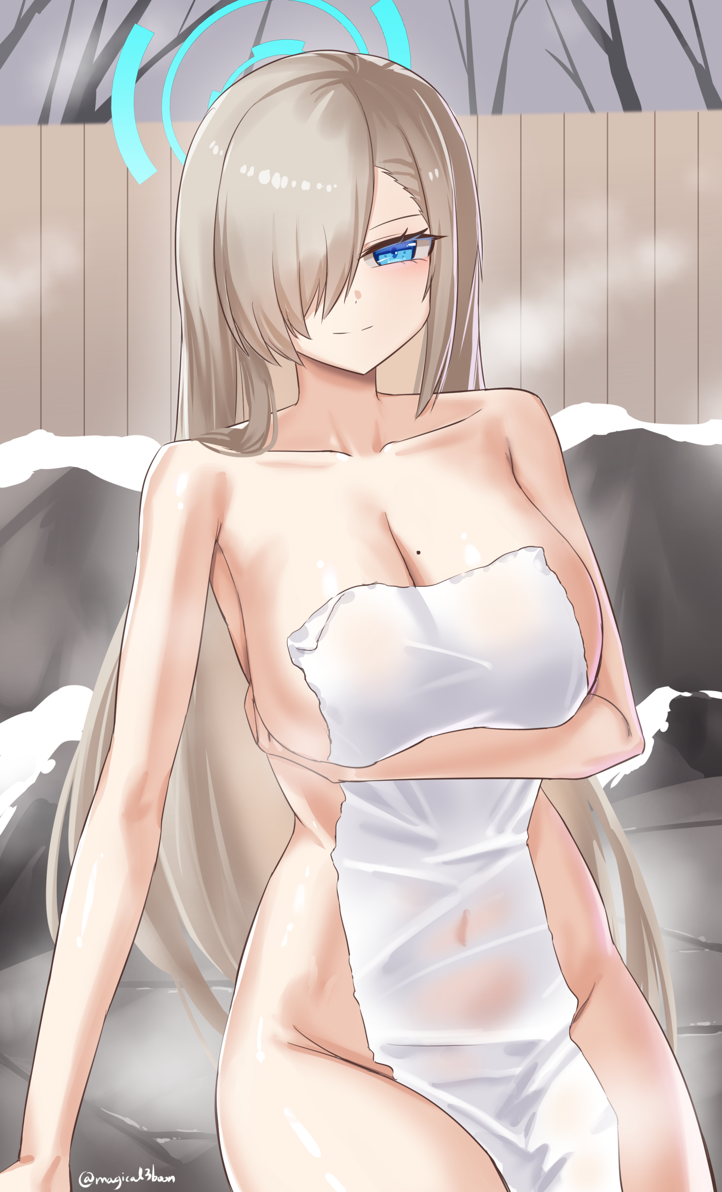 threeboon, asuna (blue archive), blue archive, absurdres, highres, 1girl, blonde hair, blue eyes, blue halo, blush, breasts, cleavage, collarbone, covered navel, covering privates, groin, hair over one eye, halo, large breasts, long hair, naked towel, nude cover, onsen, rock, sitting, smile, solo, thighs, towel, very long hair