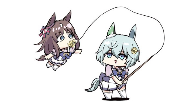 kawamochi (kawauti919), grass wonder (umamusume), seiun sky (umamusume), umamusume, 2girls, :>, animal ears, blue bow, blue eyes, bow, brown hair, chibi, ear bow, fishing, fishing line, fishing rod, flower, grey hair, hair between eyes, hair flower, hair ornament, hairclip, holding, holding fishing rod, horse ears, horse girl, horse tail, long hair, midair, multicolored hair, multiple girls, no shoes, parted lips, pleated skirt, purple shirt, school uniform, shirt, simple background, skirt, smile, standing, tail, thighhighs, tracen school uniform, triangle mouth, two-tone hair, very long hair, white background, white hair, white skirt, white thighhighs, yellow flower