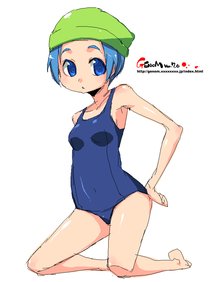 onija tarou, 1girl, armpits, barefoot, blue eyes, blue hair, female focus, flat chest, kneeling, matching hair/eyes, oekaki, one-piece swimsuit, school swimsuit, short hair, solo, swim cap, swimsuit