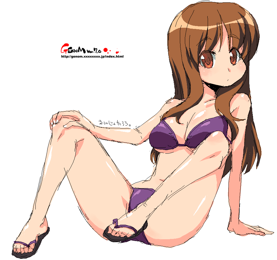 onija tarou, 1girl, bikini, breasts, brown eyes, brown hair, cleavage, female focus, flip-flops, large breasts, long hair, o o, oekaki, purple bikini, sandals, solo, spread legs, swimsuit