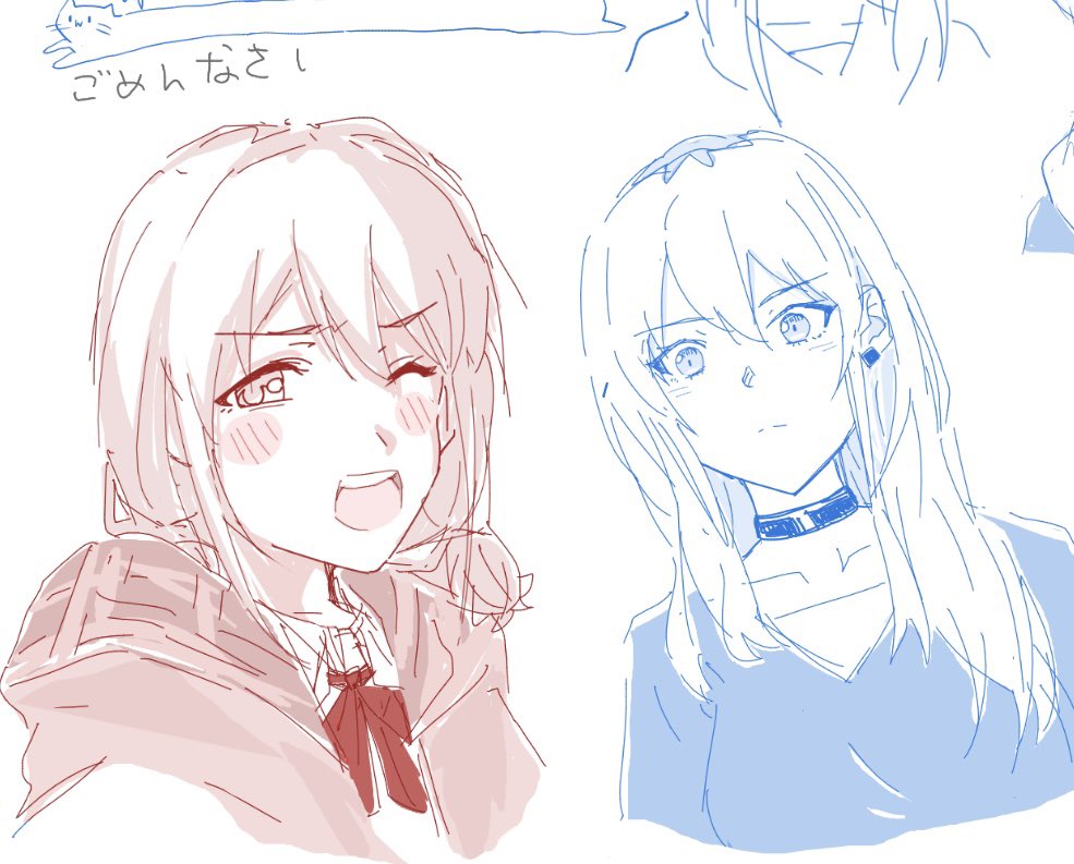 n nai nai n, iseri nina, kawaragi momoka, girls band cry, 2girls, blush, choker, jacket, long hair, multicolored hair, multiple girls, multiple monochrome, oekaki, one eye closed, open mouth, roots (hair), short hair, simple background, teeth, upper teeth only, white background