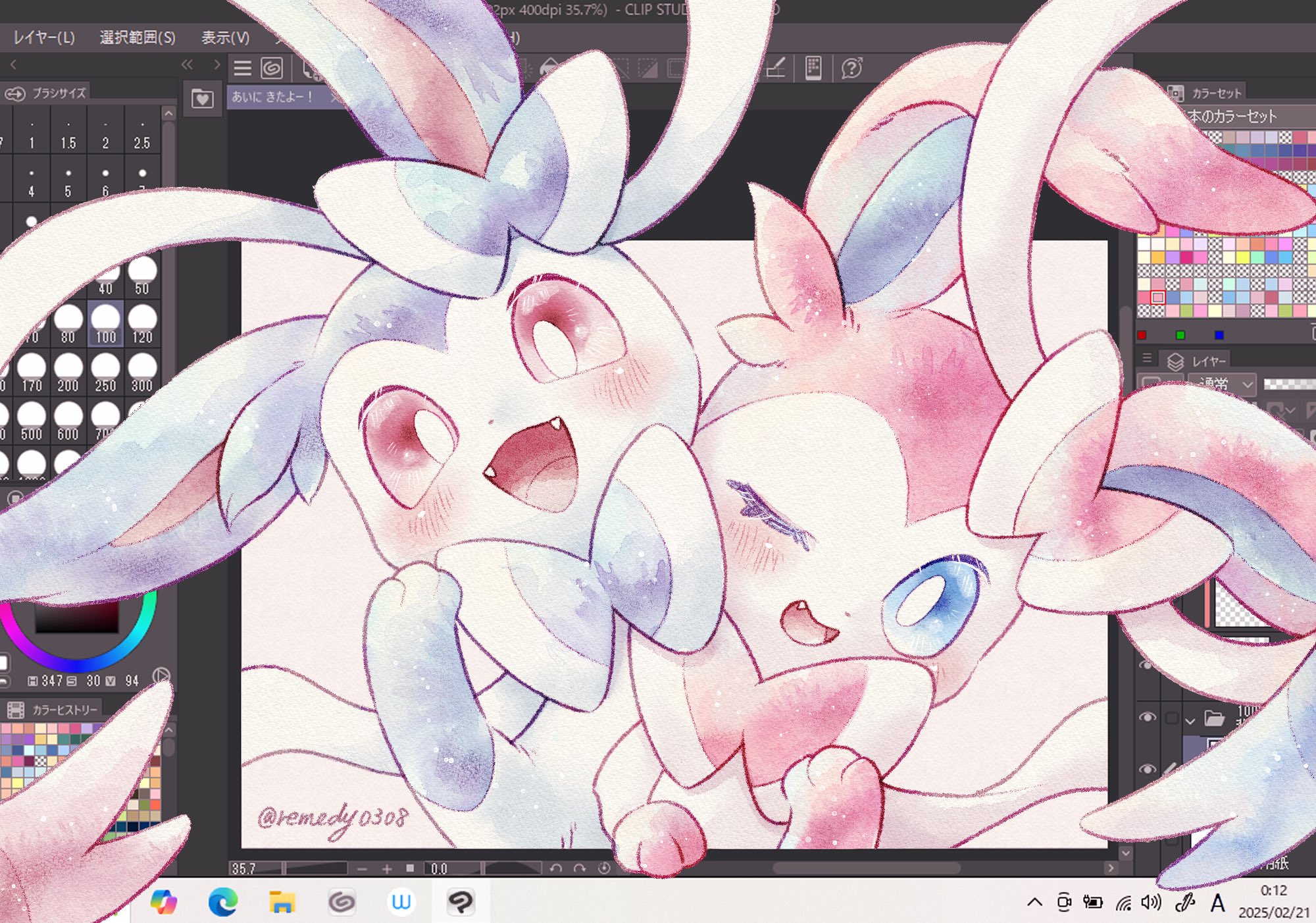remedy matome, sylveon, nintendo, pokemon, highres, :d, alternate color, animal focus, animal hands, art program in frame, blue eyes, blue fur, blush, bow, bright pupils, fangs, gen 6 pokemon, looking at viewer, no humans, one eye closed, open mouth, pink eyes, pink fur, pokemon (creature), pokemon focus, ribbon, shiny and normal, shiny pokemon, simple background, smile, two-tone fur, white background, white fur, white pupils