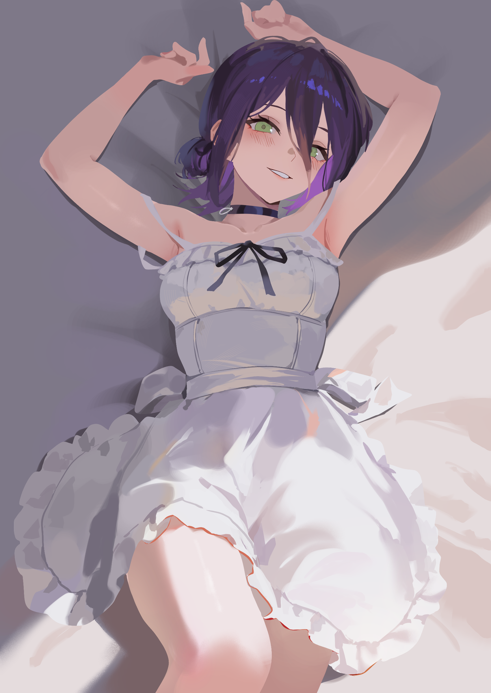 nbee ya, reze (chainsaw man), chainsaw man, absurdres, highres, 1girl, armpits, arms up, black choker, breasts, choker, dress, green eyes, grenade pin, hair between eyes, hair bun, knee up, looking at viewer, lying, medium breasts, on back, purple hair, solo, white dress