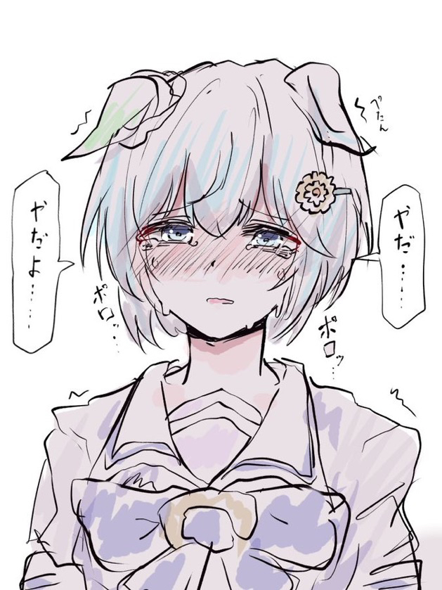 kawamochi (kawauti919), seiun sky (umamusume), umamusume, translation request, 1girl, blue eyes, blush, bow, brown background, crying, crying with eyes open, ears down, flower, gradient background, grey hair, hair between eyes, hair flower, hair ornament, hairclip, looking at viewer, nose blush, parted lips, puffy short sleeves, puffy sleeves, purple bow, purple shirt, school uniform, shirt, short sleeves, solo, tears, tracen school uniform, trembling, upper body, wavy mouth, white background, yellow flower