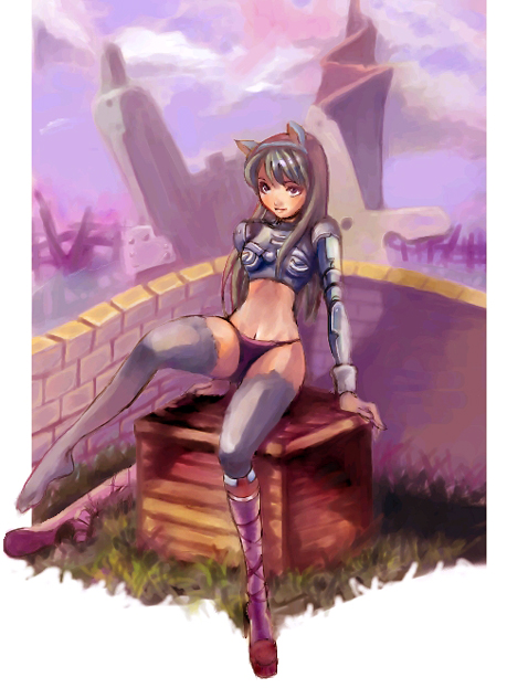 original, commentary request, 1girl, animal ears, armored boots, black eyes, boobplate, boots, breastplate, brick wall, cat ears, cloud, fake animal ears, full body, grass, grey hair, grey thighhighs, long hair, navel, outdoors, panties, pp (mokeran28), purple boots, purple panties, purple sky, sitting, sky, solo, thighhighs, underwear