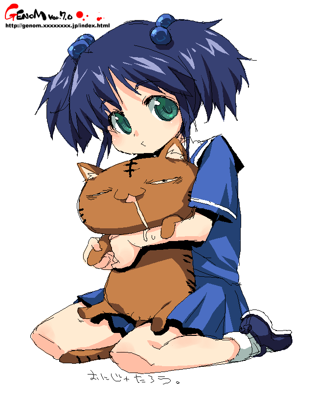 onija tarou, animal, blue hair, cat, green eyes, hair bobbles, hair ornament, hair tie, holding, oekaki, school uniform, skirt, solo, twintails