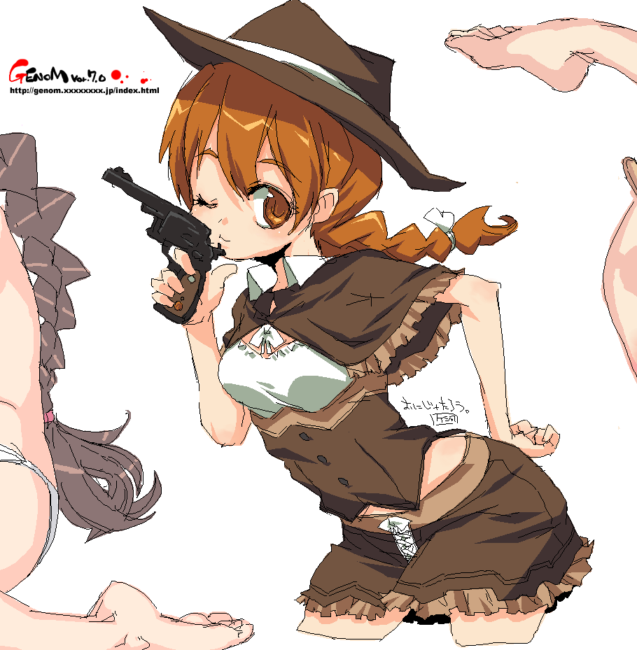 onija tarou, 1girl, braid, brown eyes, cowboy hat, cowboy shot, cowboy western, frills, gun, hat, oekaki, one eye closed, single braid, skirt, weapon, wink