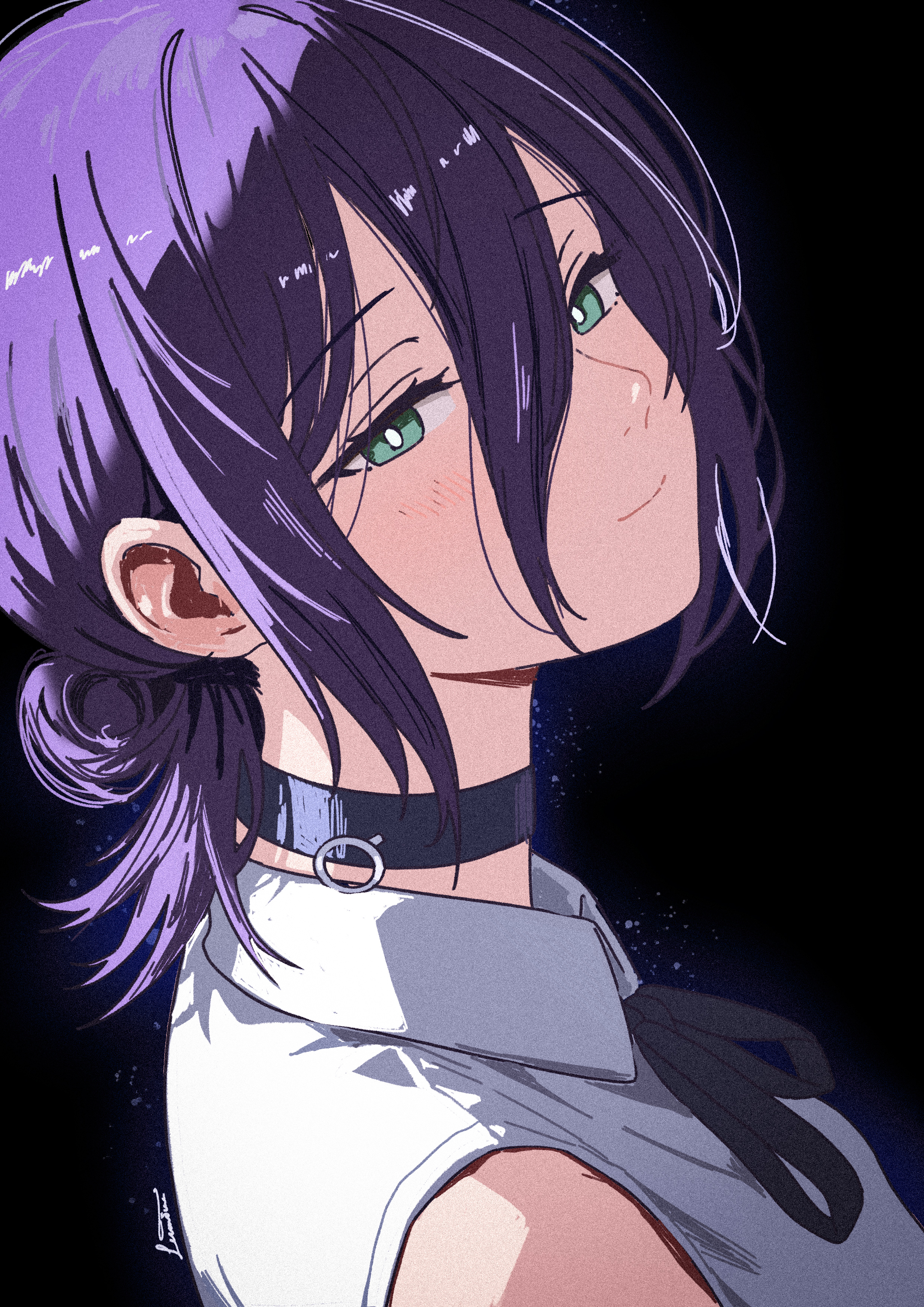 lumina (1umin4), reze (chainsaw man), chainsaw man, absurdres, highres, 1girl, black background, black choker, black ribbon, choker, closed mouth, collared shirt, green eyes, grenade pin, hair between eyes, hair bun, looking at viewer, neck ribbon, purple hair, ribbon, shirt, solo, white shirt