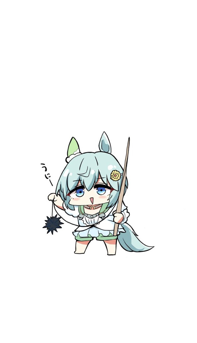 kawamochi (kawauti919), seiun sky (reeling in the big one) (umamusume), seiun sky (umamusume), umamusume, translation request, 1girl, :>, animal ears, barefoot, blue eyes, blush stickers, chibi, fishing line, fishing rod, flower, full body, green shorts, grey hair, hair between eyes, hair flower, hair ornament, hairclip, holding, holding fishing rod, horse ears, horse girl, horse tail, looking at viewer, parted lips, shirt, shorts, simple background, solo, standing, tail, triangle mouth, white background, white shirt, yellow flower
