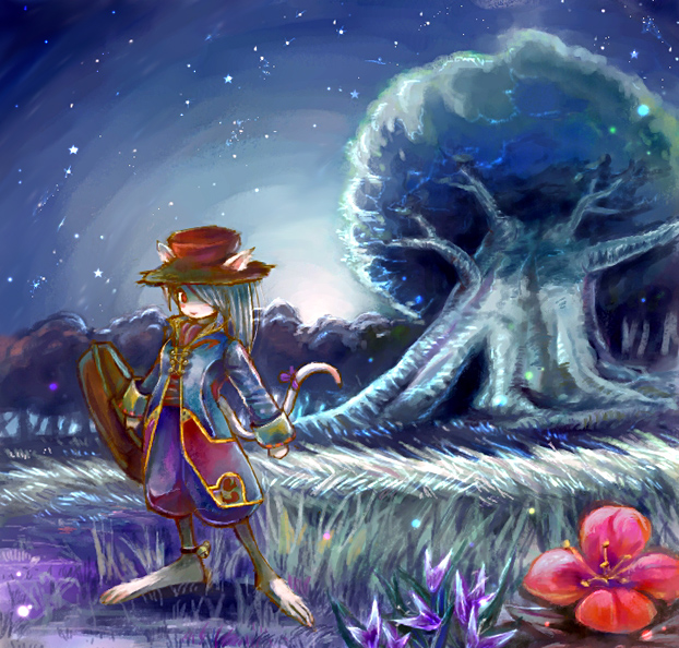 original, commentary request, 1boy, animal ears, blue coat, blue shorts, brown hat, cat boy, cat ears, cat tail, closed mouth, coat, ears through headwear, flower, full body, grey hair, hair over one eye, hat, long hair, long sleeves, male focus, outdoors, pp (mokeran28), red eyes, red flower, shorts, sky, smile, solo, star (sky), starry sky, tail, tree