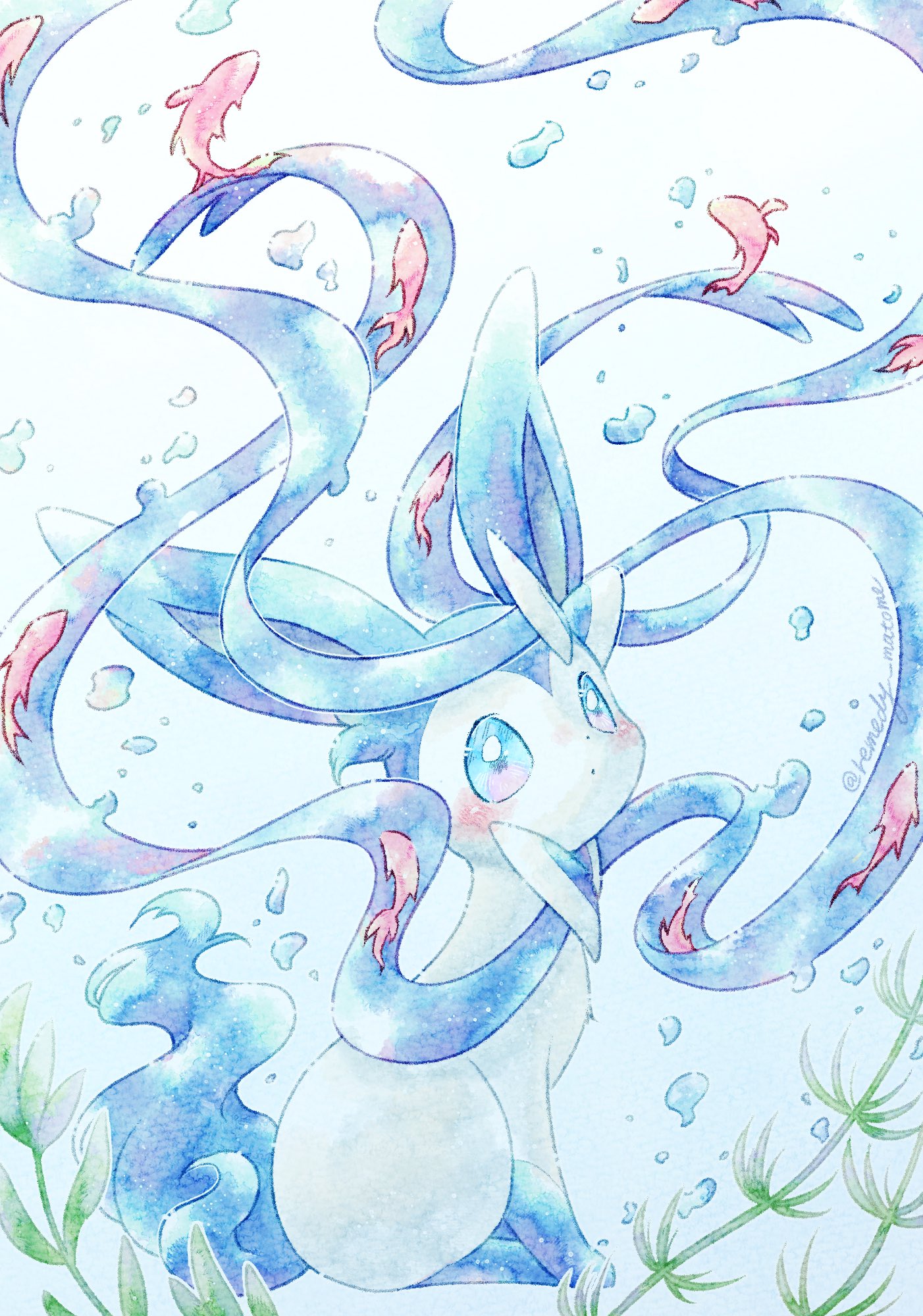remedy matome, sylveon, nintendo, pokemon, highres, alternate color, animal focus, animal hands, blue eyes, blue fur, blush, bow, closed mouth, dot mouth, fish, full body, gen 6 pokemon, looking at viewer, no humans, pokemon (creature), pokemon focus, ribbon, seaweed, shiny pokemon, simple background, sitting, solo, two-tone fur, white background, white fur