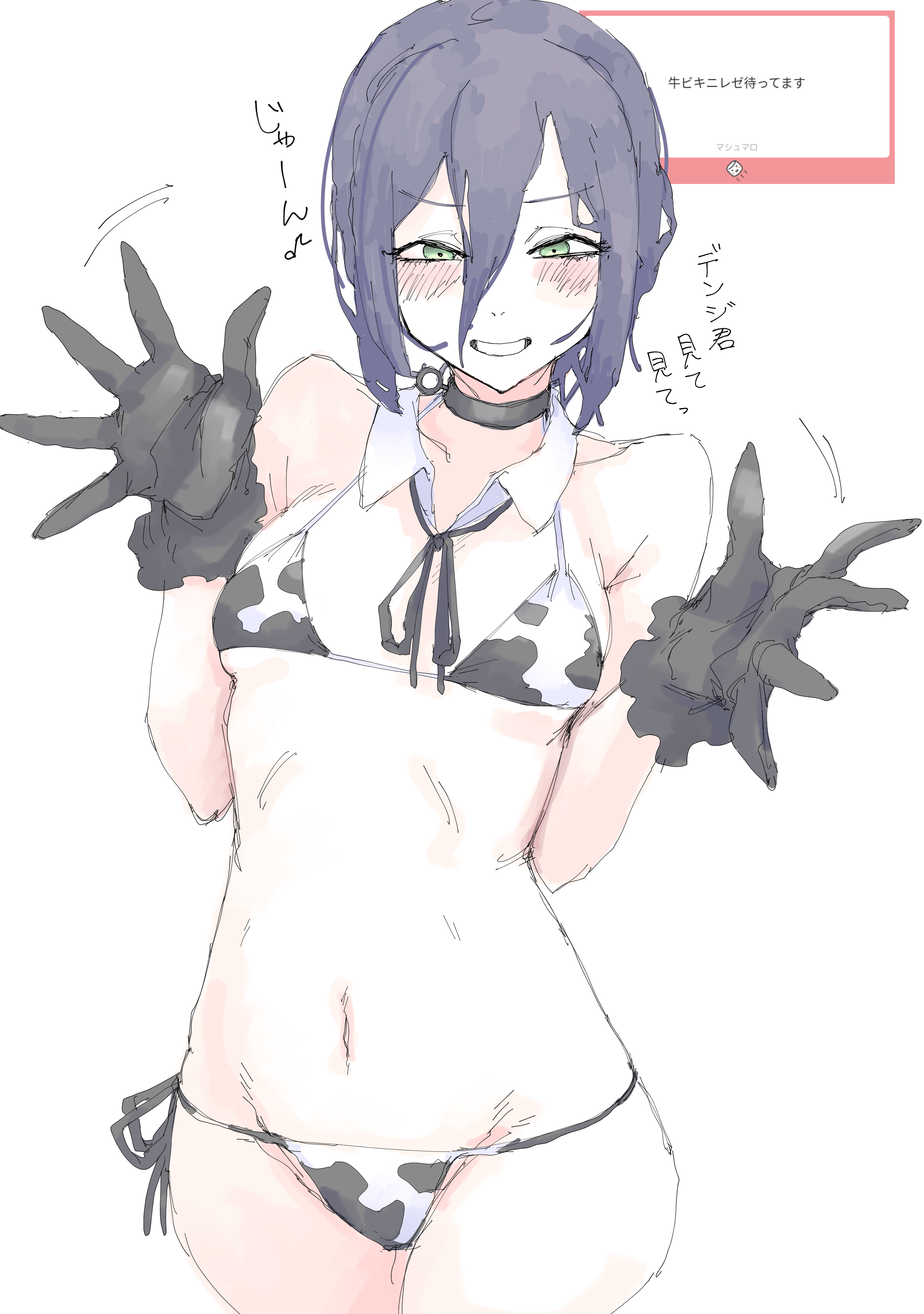 mocamocaink, reze (chainsaw man), chainsaw man, absurdres, highres, translation request, 1girl, animal print, bikini, black choker, black gloves, black hair, black ribbon, blush, breasts, choker, cow print, cow print bikini, detached collar, gloves, green eyes, grenade pin, grin, hair between eyes, looking at viewer, navel, neck ribbon, print bikini, ribbon, simple background, small breasts, smile, solo, swimsuit, white background