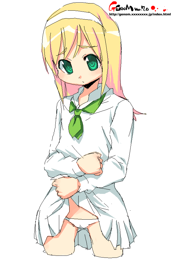 onija tarou, 1girl, blonde hair, clothes lift, dress, dress lift, female focus, green eyes, hairband, headband, oekaki, panties, pantyshot, short dress, skirt, skirt lift, solo, underwear, white panties