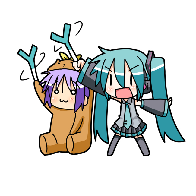 minami (colorful palette), bear tsukasa, capybara-san, chibi miku, hatsune miku, hiiragi tsukasa, lucky star, vocaloid, 00s, 2girls, :3, animal costume, aqua hair, arm up, bear costume, chibi, crossover, headphones, multiple girls, necktie, o o, open mouth, purple hair, simple background, sitting, spring onion, thighhighs, twintails, | |