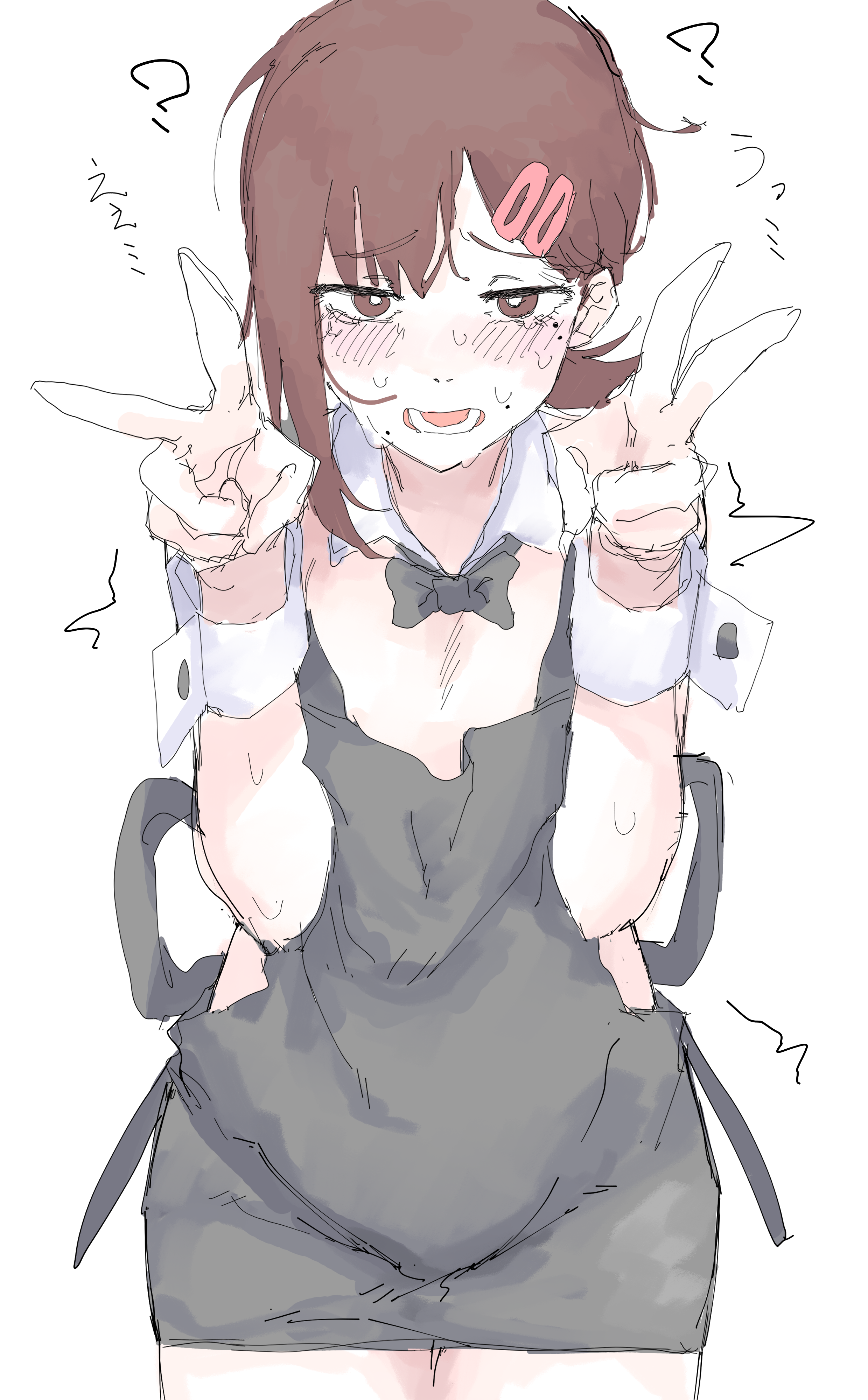 mocamocaink, higashiyama kobeni, chainsaw man, absurdres, highres, 1girl, apron, black apron, black bow, black bowtie, blush, bow, bowtie, brown eyes, brown hair, detached collar, double v, hair ornament, hairclip, looking at viewer, lower teeth only, naked apron, open mouth, simple background, single sidelock, solo, sweat, teeth, v, white background, wrist cuffs
