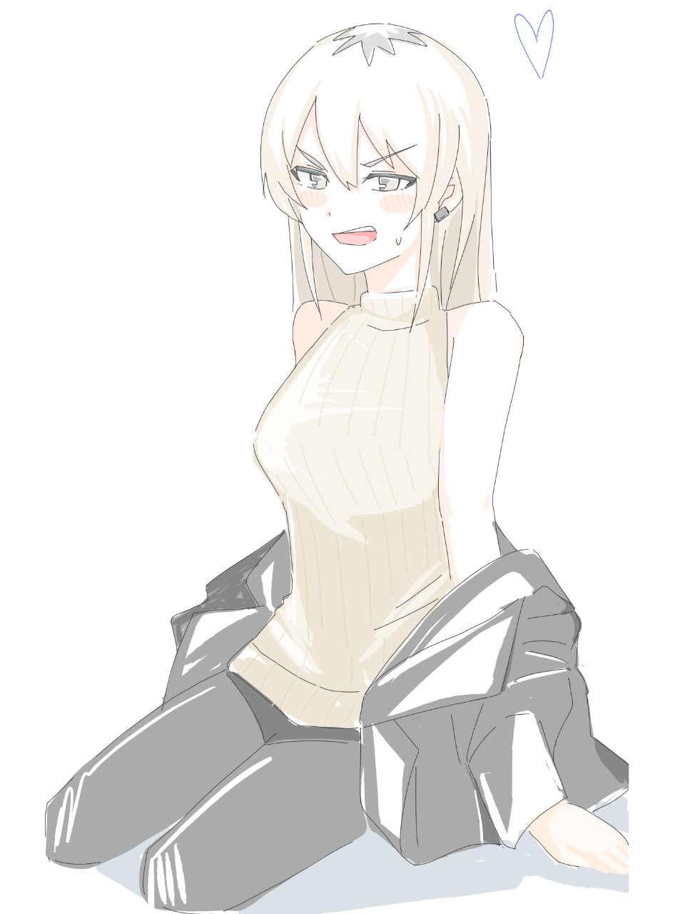 n nai nai n, kawaragi momoka, girls band cry, commentary request, highres, 1girl, black jacket, black pants, blush, breasts, brown sweater, earclip, grey eyes, grey hair, hair between eyes, heart, jacket, long hair, medium breasts, multicolored hair, off shoulder, open mouth, pants, roots (hair), simple background, sleeveless, sleeveless sweater, solo, sweatdrop, sweater, teeth, upper teeth only, white background