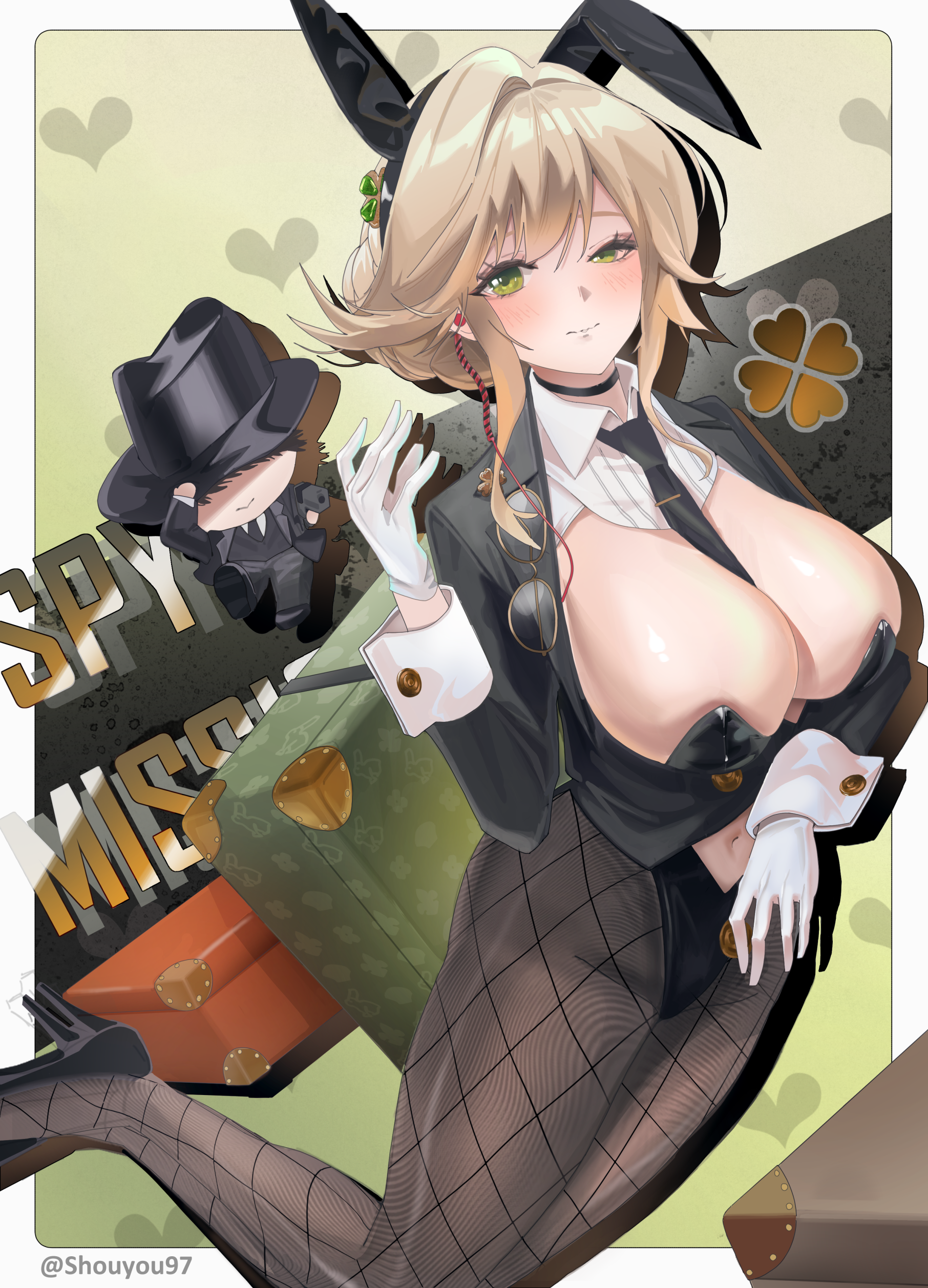 shouyou (egcr8334), ade (agent bunny) (nikke), ade (nikke), commander (nikke), goddess of victory: nikke, absurdres, commentary, highres, 1boy, 1girl, animal ear hairband, animal ears, between breasts, black jacket, black leotard, black necktie, black pantyhose, black shoes, blonde hair, blush, braid, breasts, bun with braided base, chibi, chibi inset, closed mouth, clothing cutout, clover hair ornament, detached collar, earpiece, eyewear hang, fake animal ears, fishnet pantyhose, fishnets, four-leaf clover hair ornament, glasses, gloves, green eyes, hair between eyes, hair intakes, hair ornament, hairband, hand up, high heels, highleg, highleg leotard, jacket, large breasts, leotard, long sleeves, looking at viewer, navel, navel cutout, necktie, necktie between breasts, official alternate costume, pantyhose, playboy bunny, rabbit ear hairband, rabbit ears, shoes, sidelocks, strapless, strapless leotard, suitcase, swept bangs, twitter username, undersized breast cup, uneven eyes, unworn eyewear, white wrist cuffs, wrist cuffs